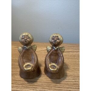 2 Vintage‎ Italian Art Pottery THUN Bolzano Singing ANGEL Candle Holder GOLD